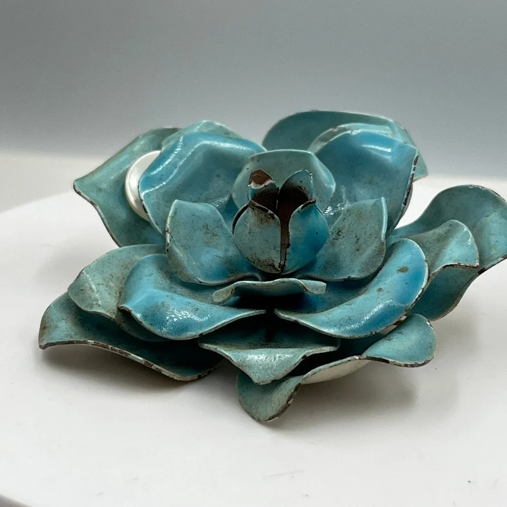 Vintage Blue Enamel Flower Brooch Large Layered Floral Pin Statement Piece - Picture 4 of 6